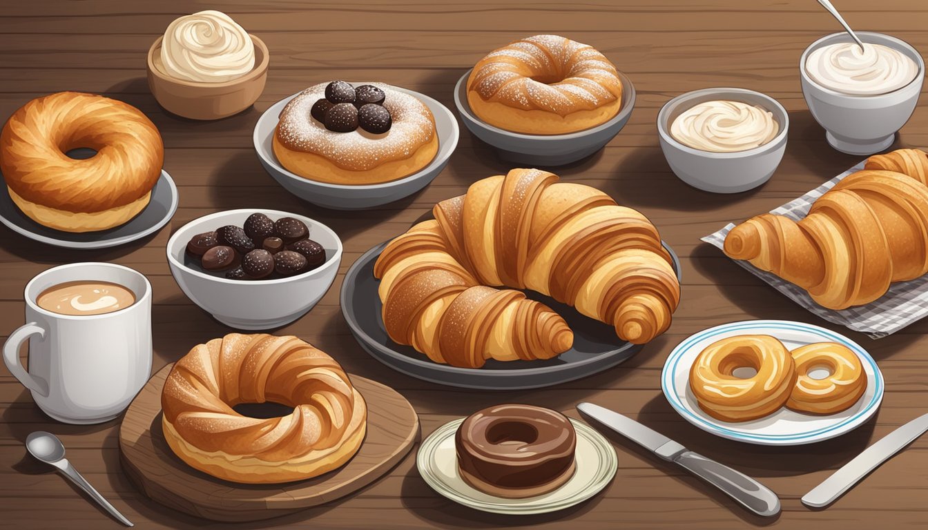 A display of various croissant substitutes, such as cronuts and cruffins, arranged on a wooden table with fresh ingredients and kitchen utensils nearby