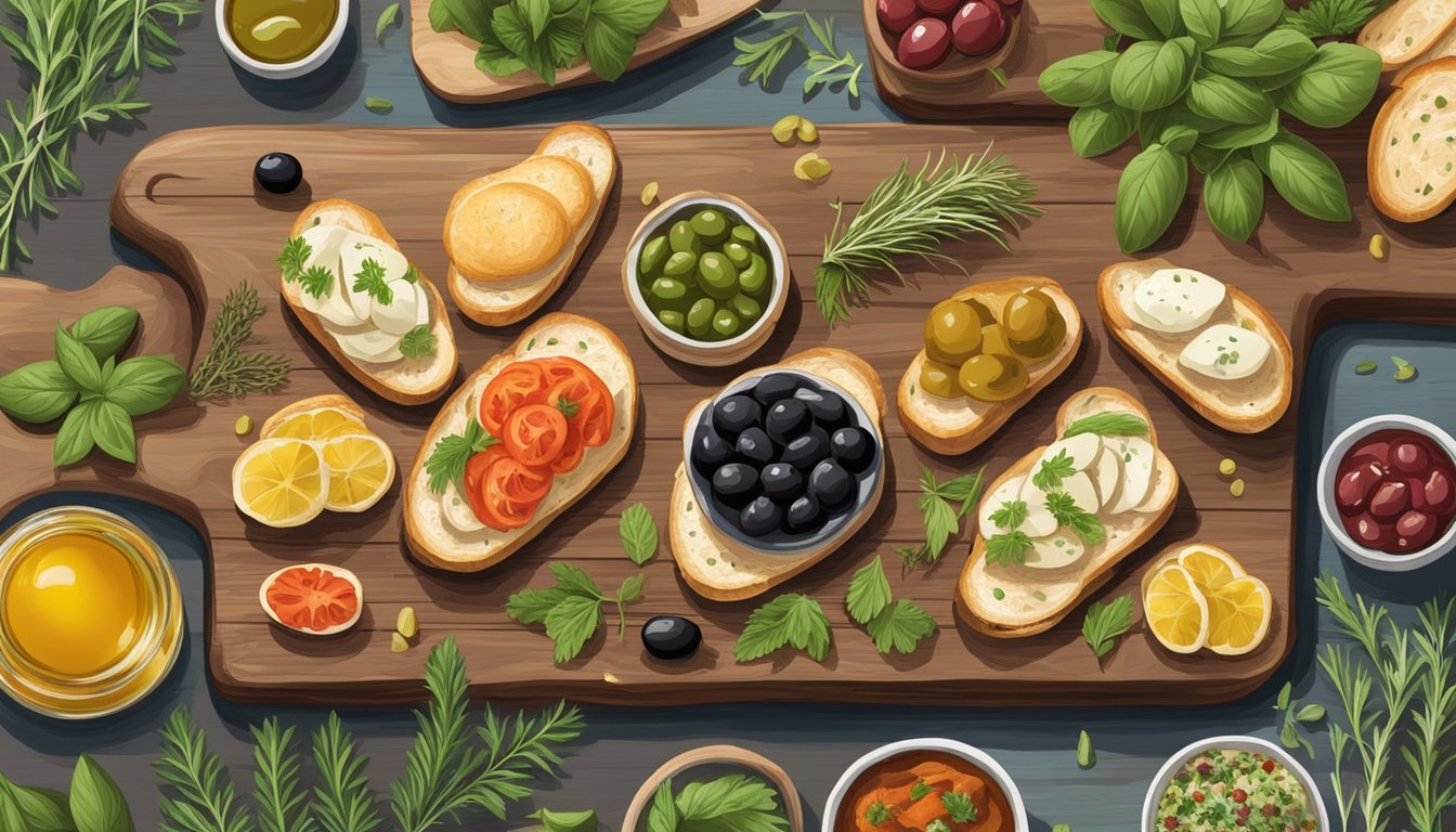 A rustic wooden board holds an assortment of crostini substitutes, surrounded by fresh herbs, olives, and colorful spreads