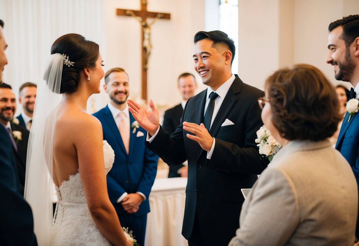 An officiant stands at the altar, gesturing towards the couple with a warm smile as they are introduced to their guests