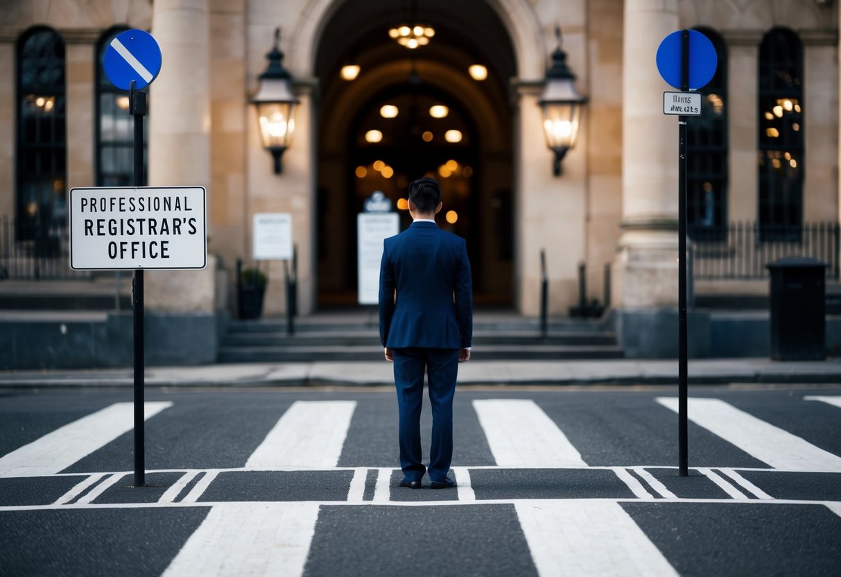 A person stands at a crossroads, one path leading to a registrar's office and the other to a celebrant's venue