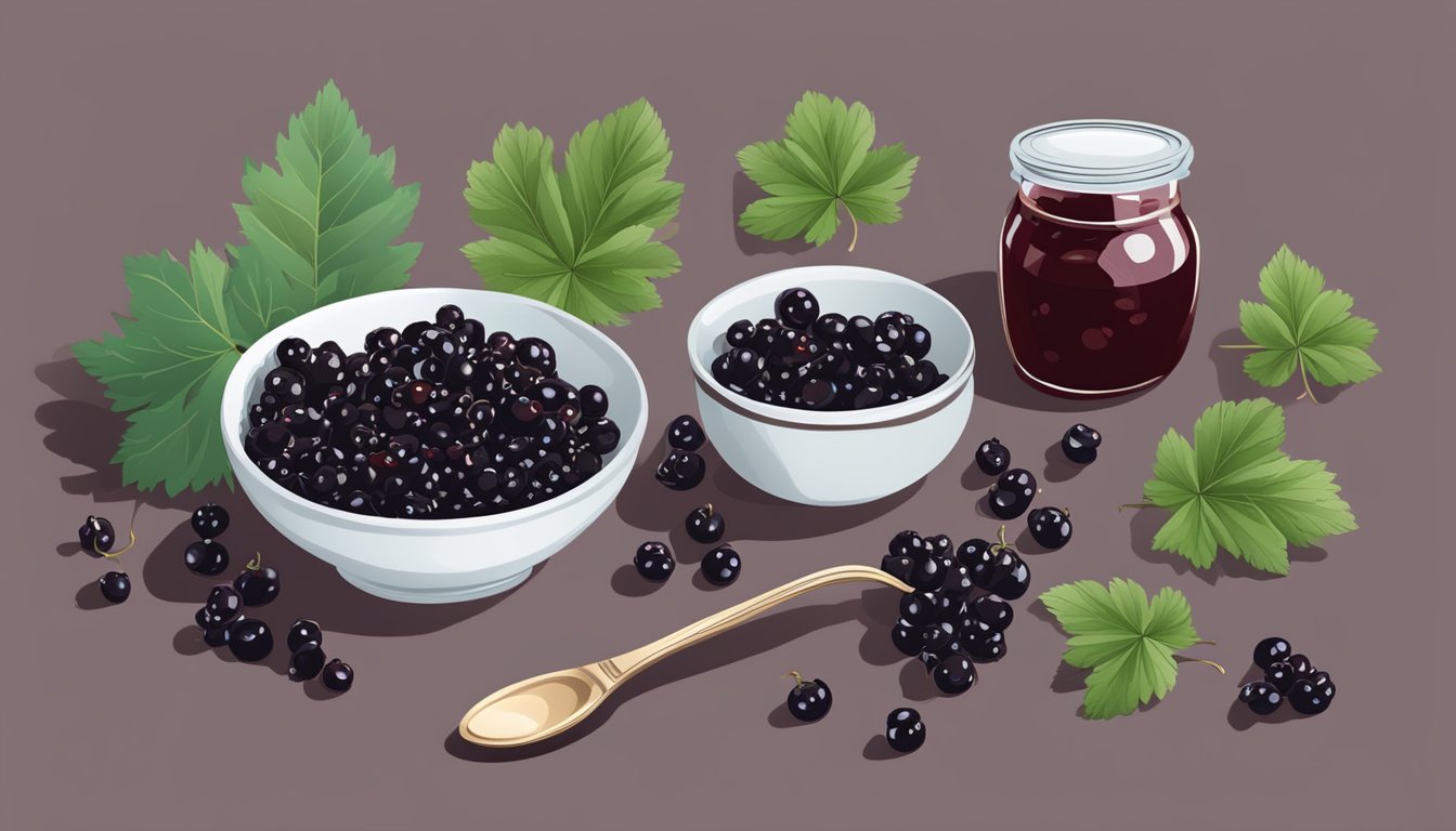 A bowl of fresh currants sits next to a jar of currant jam, with a measuring spoon and a few scattered leaves nearby