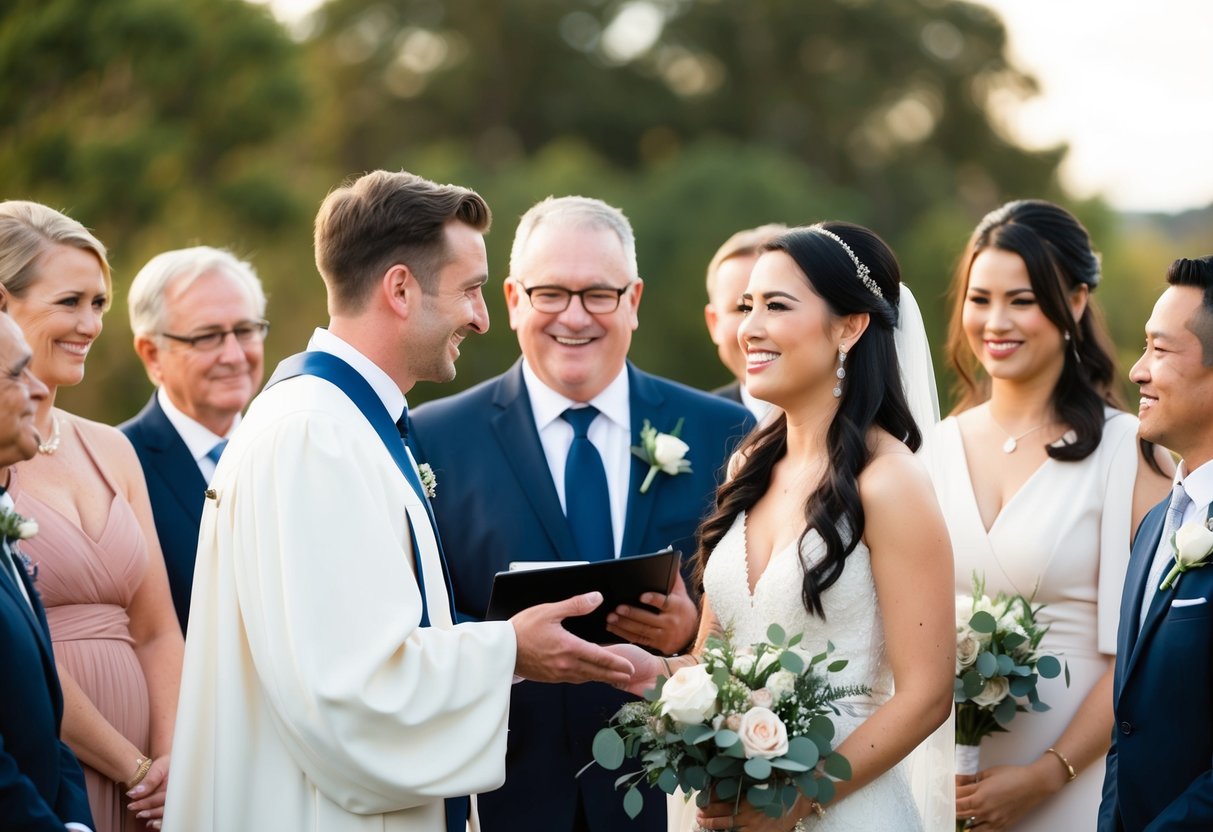 The officiant introduces the couple with a warm smile, gesturing towards them as they stand together, surrounded by their loved ones