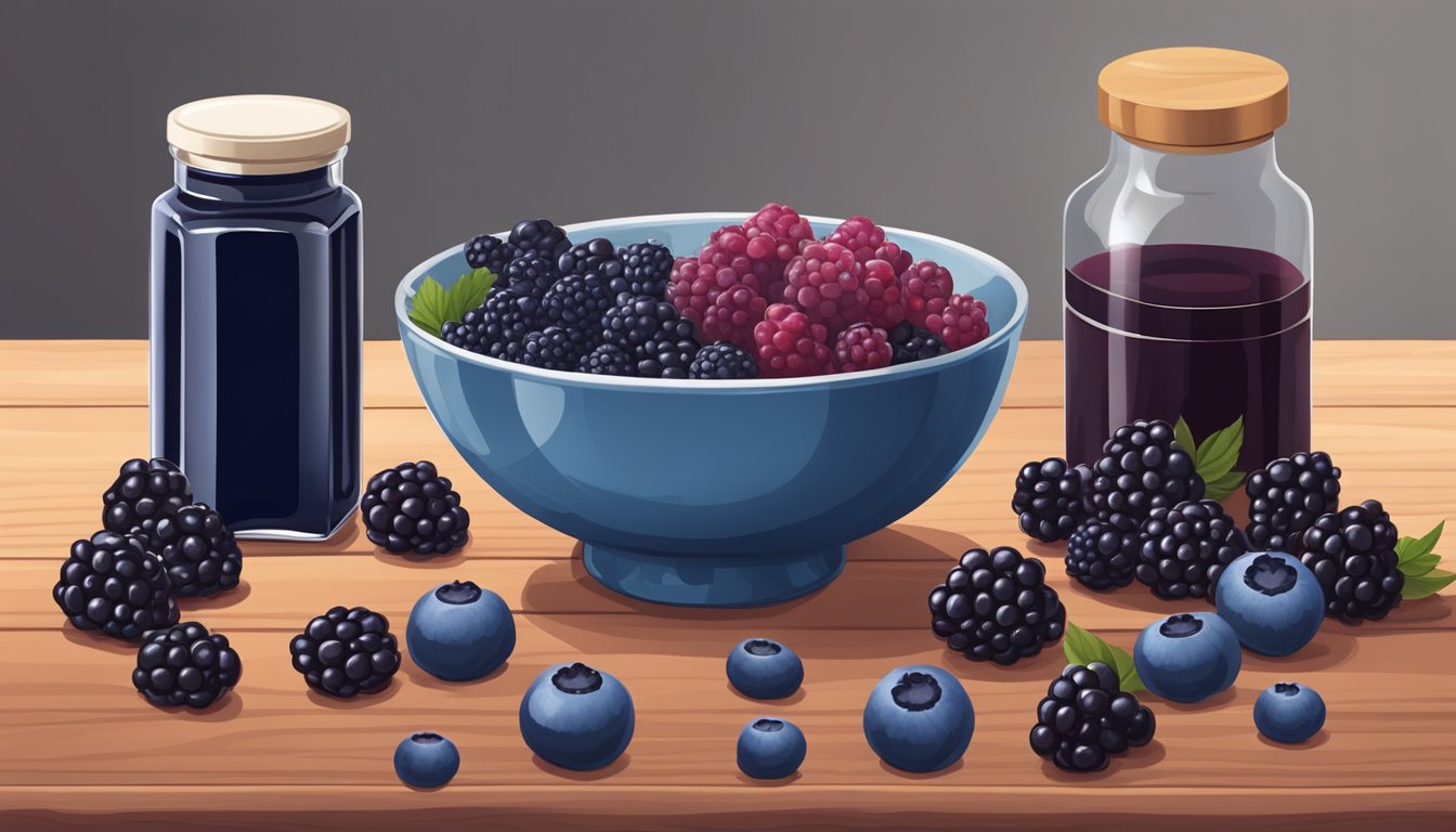 A bowl of fresh blueberries and blackberries arranged next to a bottle of red fruit jam on a wooden table