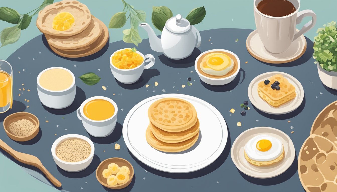 A plate of crumpet substitutes arranged with various toppings, next to a steaming cup of tea