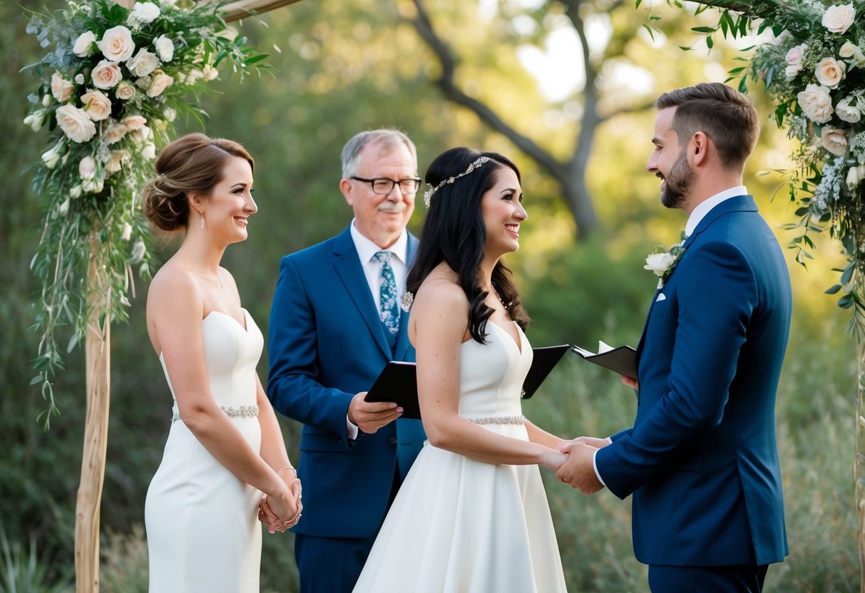 A celebrant stands before a couple, surrounded by nature, conducting a wedding ceremony. The couple stands facing each other, exchanging vows