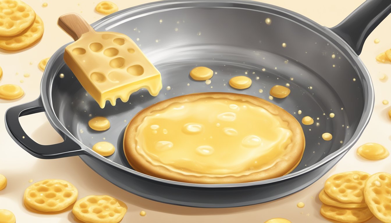 A spatula flips a golden crumpet substitute in a sizzling skillet. Butter melts and bubbles around the edges