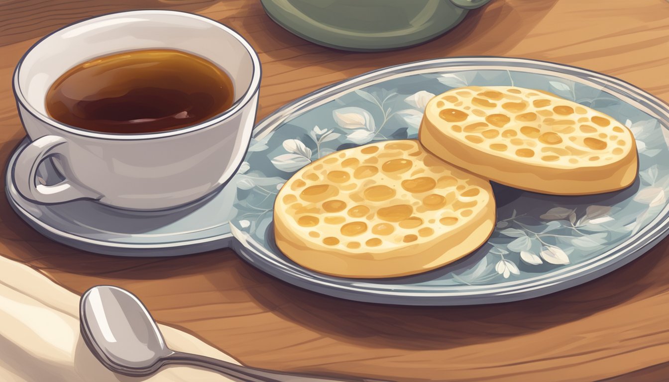 A plate of crumpet substitutes arranged with butter and jam, accompanied by a steaming cup of tea on a cozy table