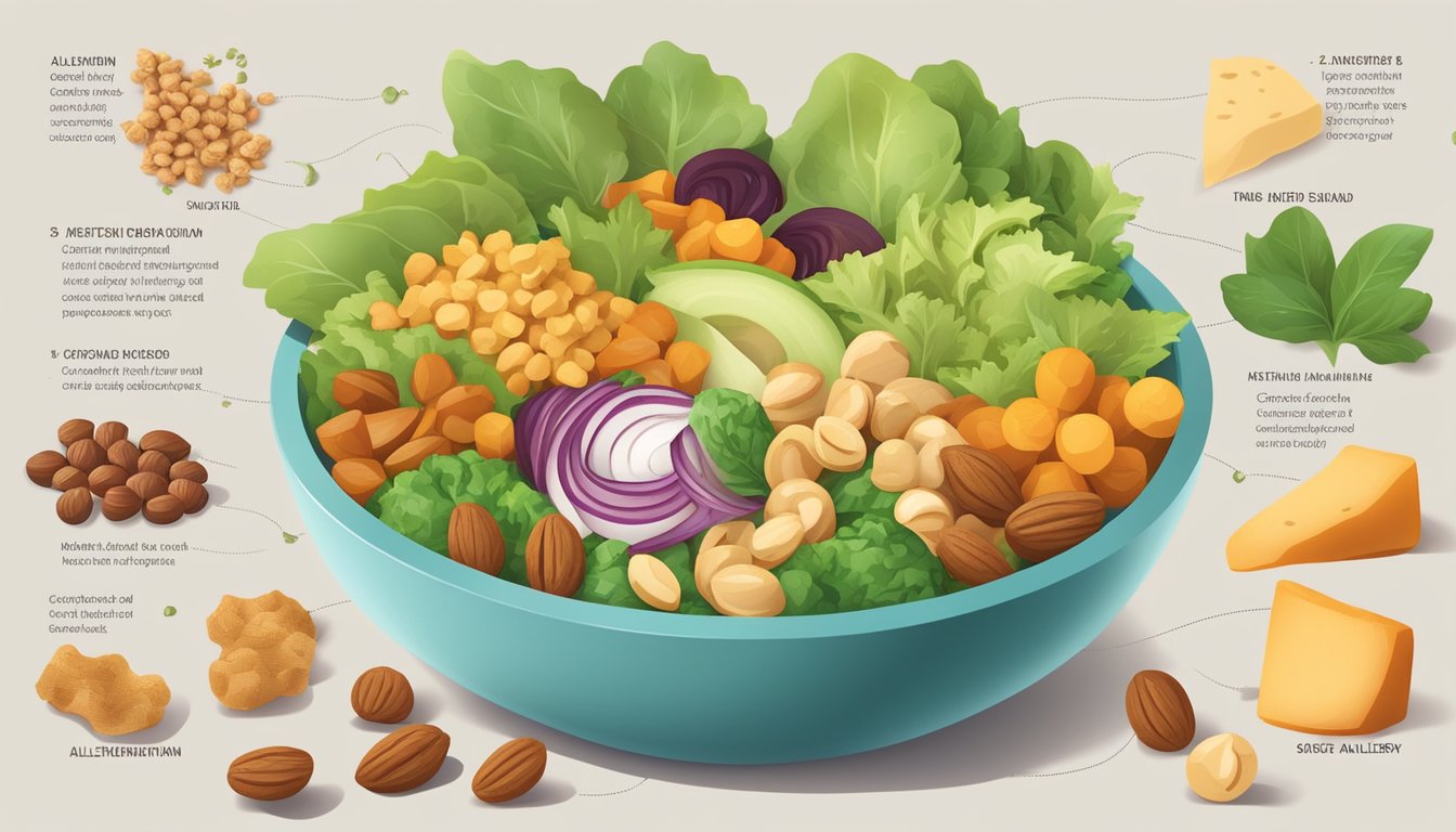 A colorful salad bowl with various crouton alternatives such as nuts, seeds, and roasted chickpeas, alongside a list of dietary restrictions and allergy considerations