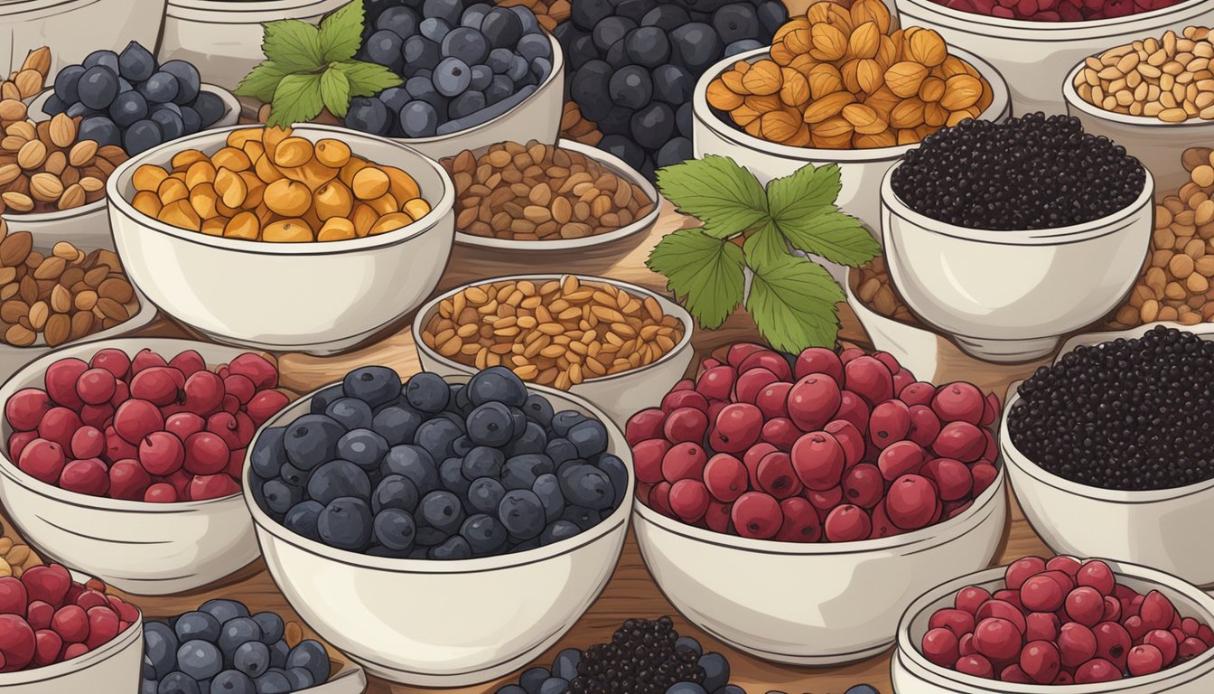 A bowl of fresh currants next to various non-fruit alternatives like nuts, seeds, and dried berries