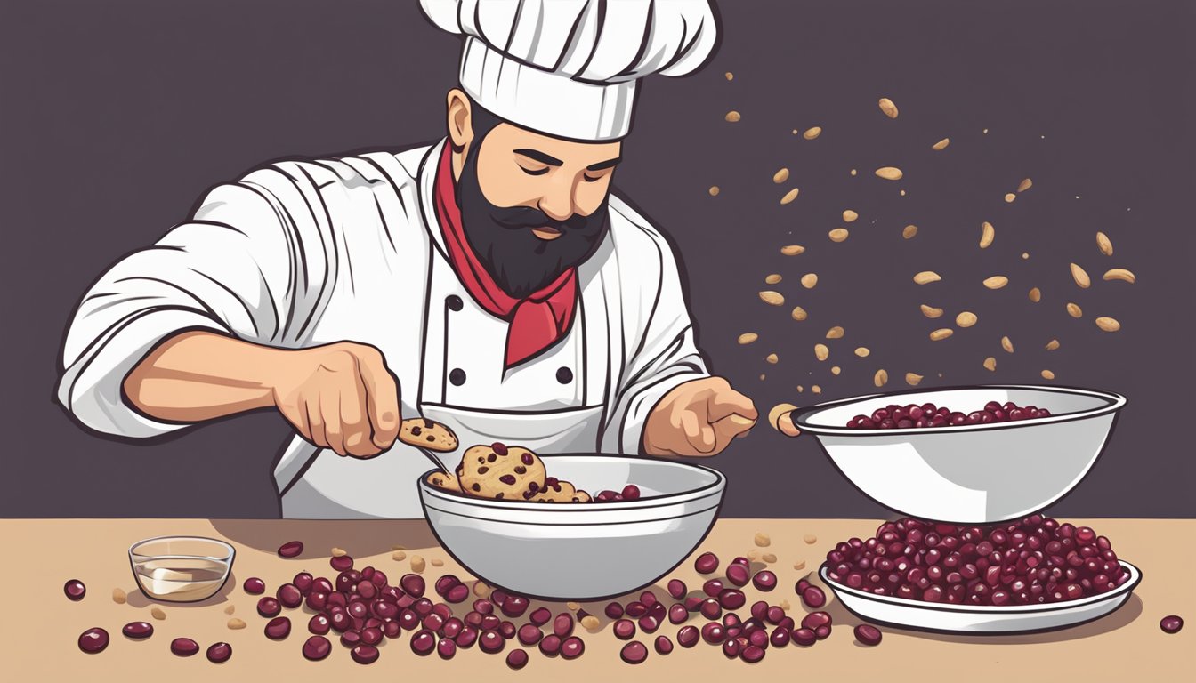 A chef pouring a handful of dried cranberries into a bowl of cookie dough