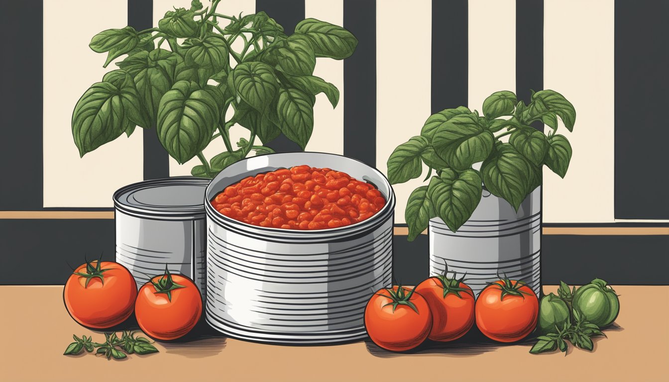 A can of crushed tomatoes surrounded by fresh whole tomatoes, a tomato plant, and a bowl of tomato sauce