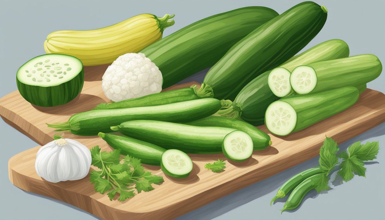 A variety of cucumber substitutes arranged on a cutting board: zucchini, jicama, daikon, and green beans