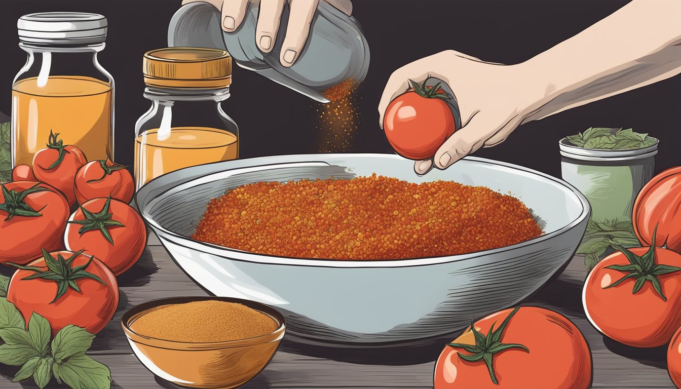 A hand pouring a mixture of blended tomatoes and spices into a bowl