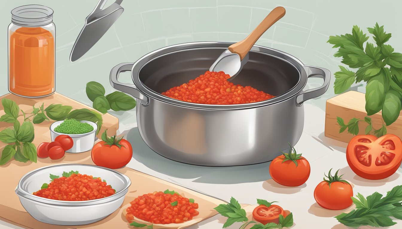 A chef pours crushed tomatoes into a pot, with other ingredients nearby for a specific dish