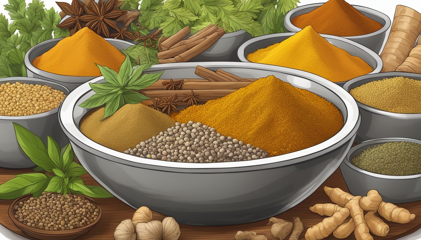 A variety of aromatic spices and herbs surround a bowl of curry powder, including cumin, coriander, turmeric, and ginger