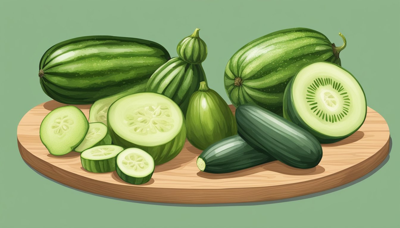 A variety of herbal and other alternatives to cucumber, such as zucchini, squash, and bitter melon, displayed on a wooden cutting board