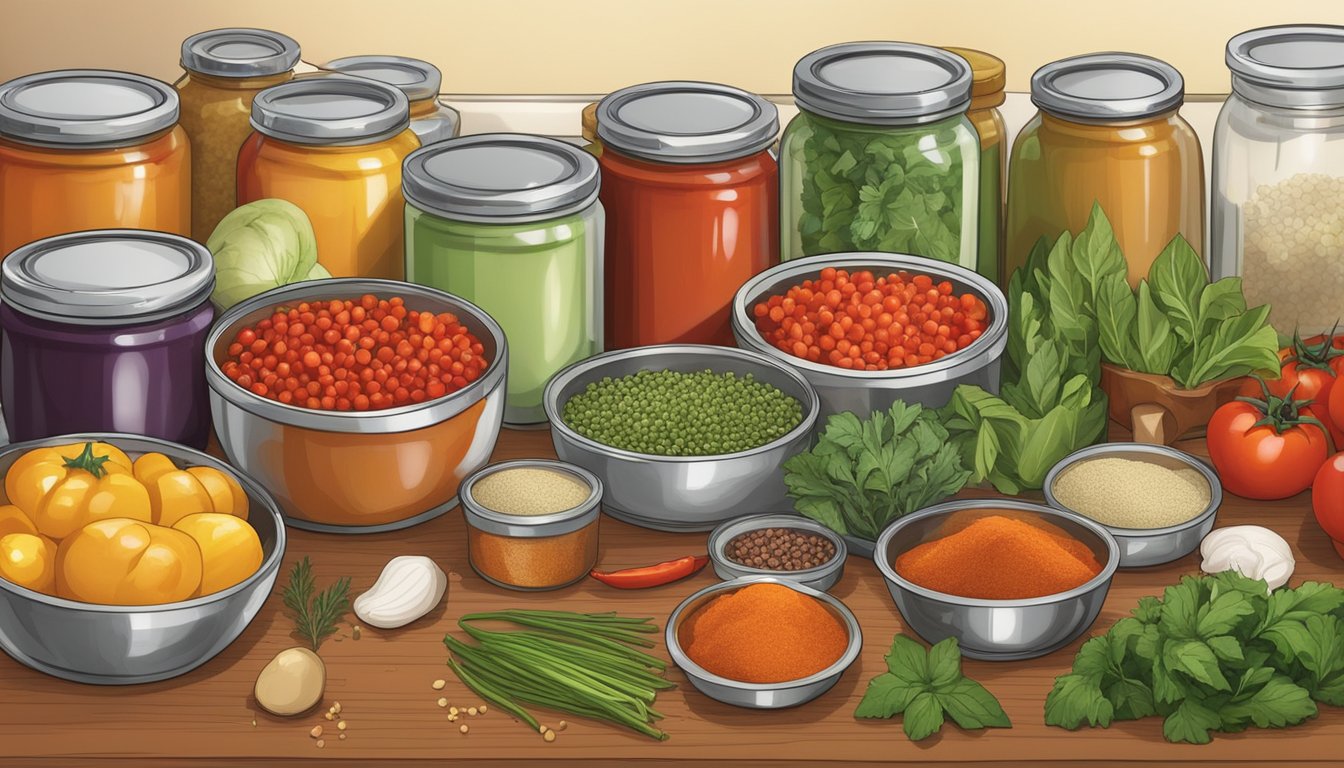 A variety of fresh and canned vegetables, herbs, and spices arranged on a kitchen counter, with a focus on alternative ingredients for crushed tomatoes