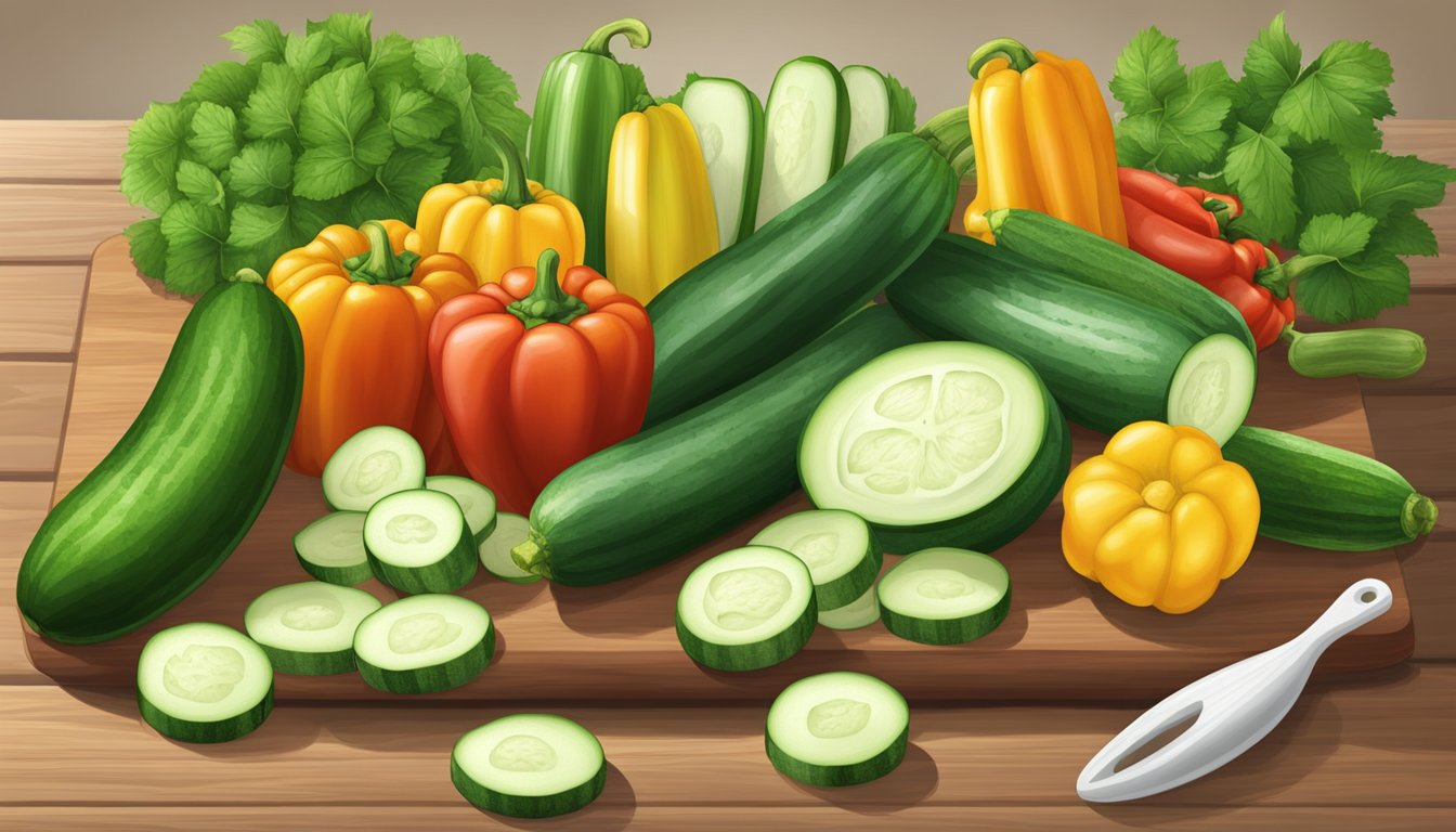 A variety of cucumber substitutes arranged on a wooden cutting board, including zucchini, jicama, and bell peppers