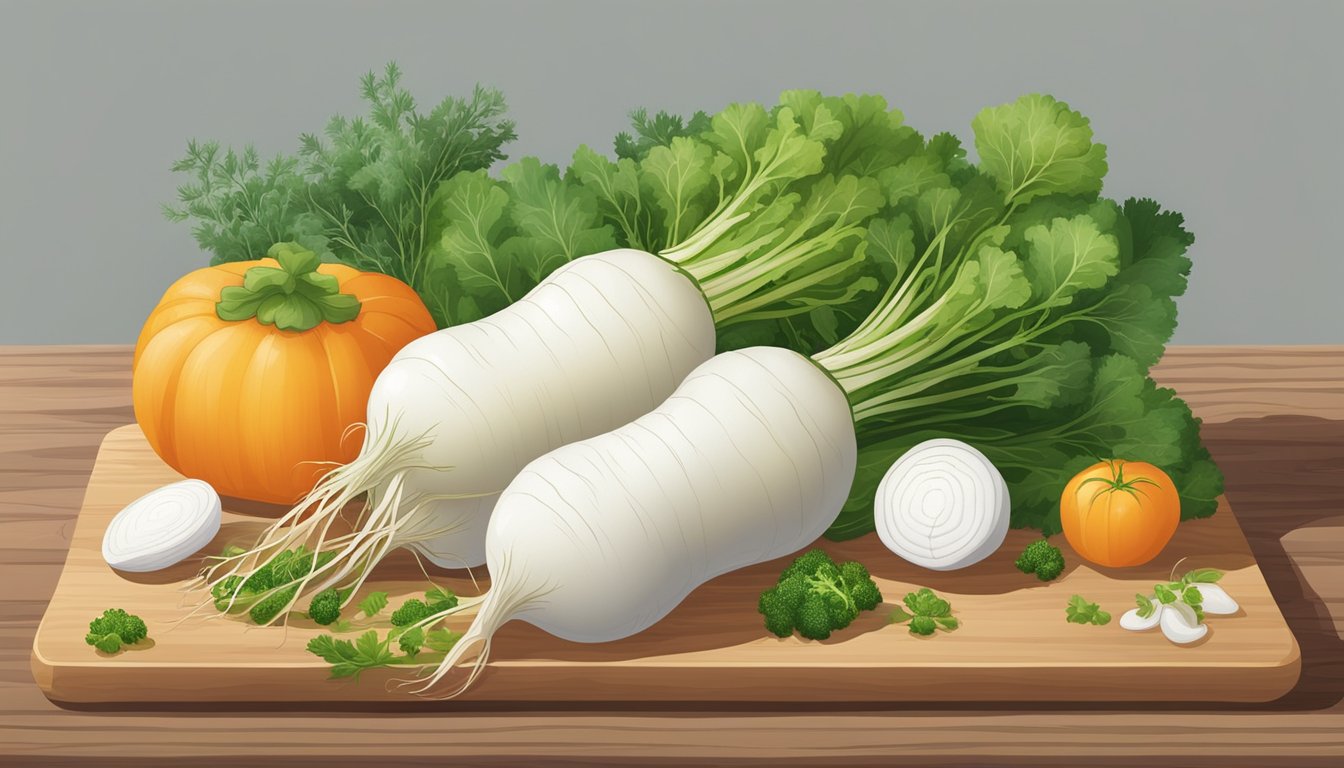 A whole daikon radish surrounded by various vegetables and herbs on a wooden cutting board