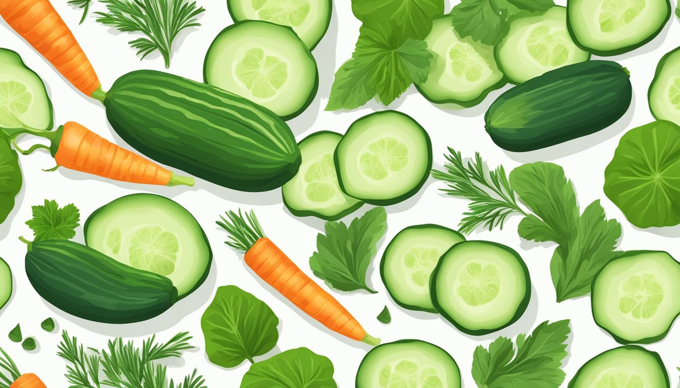 A cucumber sliced into pieces, arranged on a plate with other vegetables and herbs