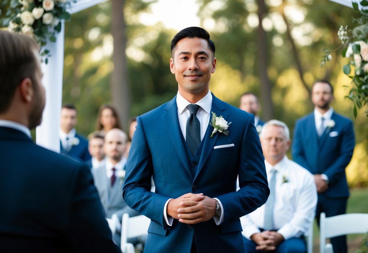 A male officiant wearing a tailored suit with a tie, standing confidently at the front of a wedding ceremony