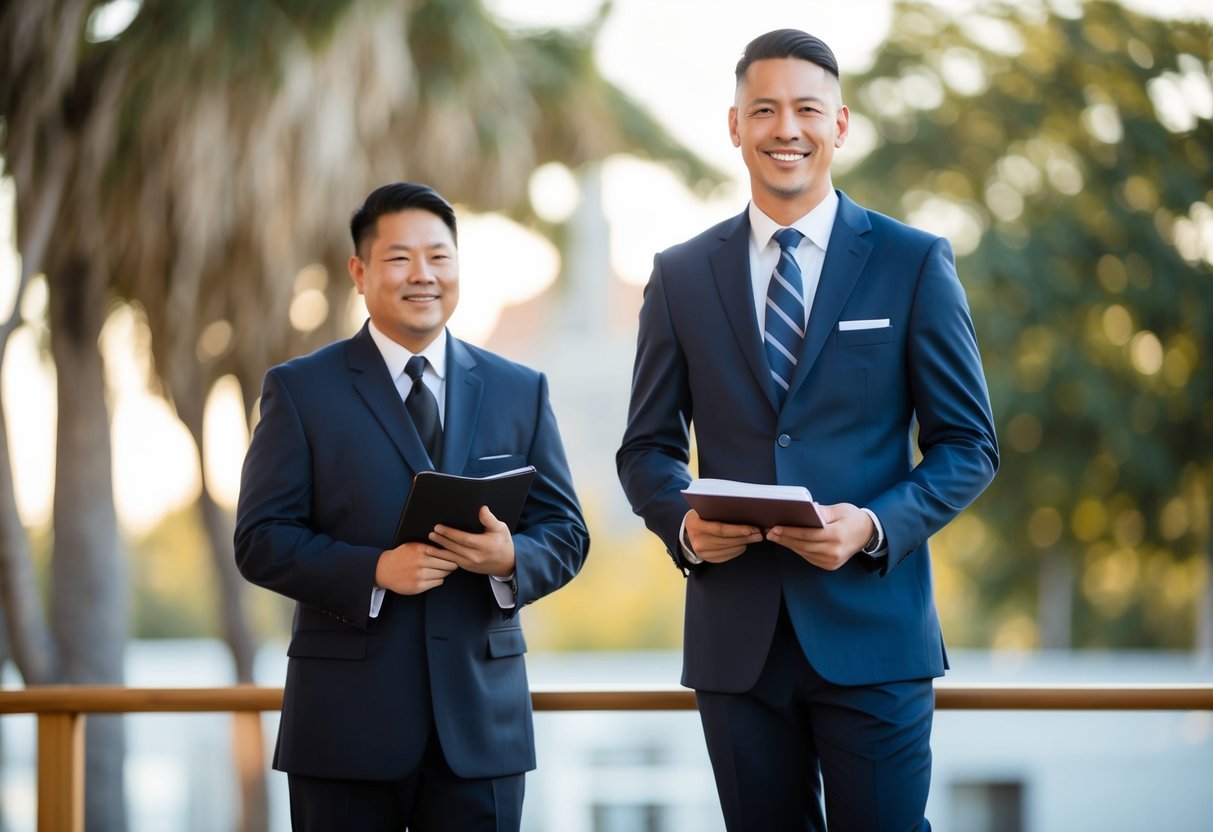 A male officiant in a smart suit, tie, and dress shoes, standing confidently with a warm smile, holding a book or papers