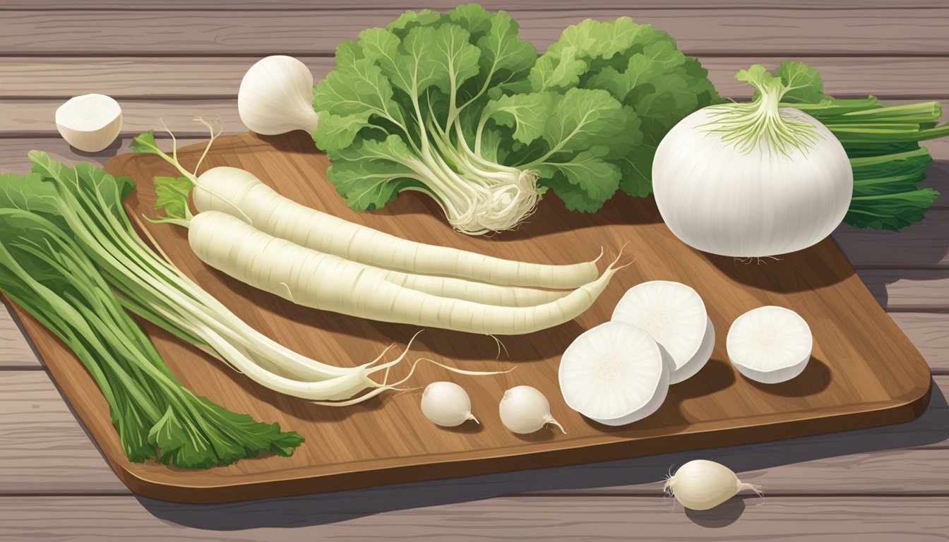 A variety of daikon radish substitutes displayed on a wooden cutting board, including turnips, jicama, and kohlrabi