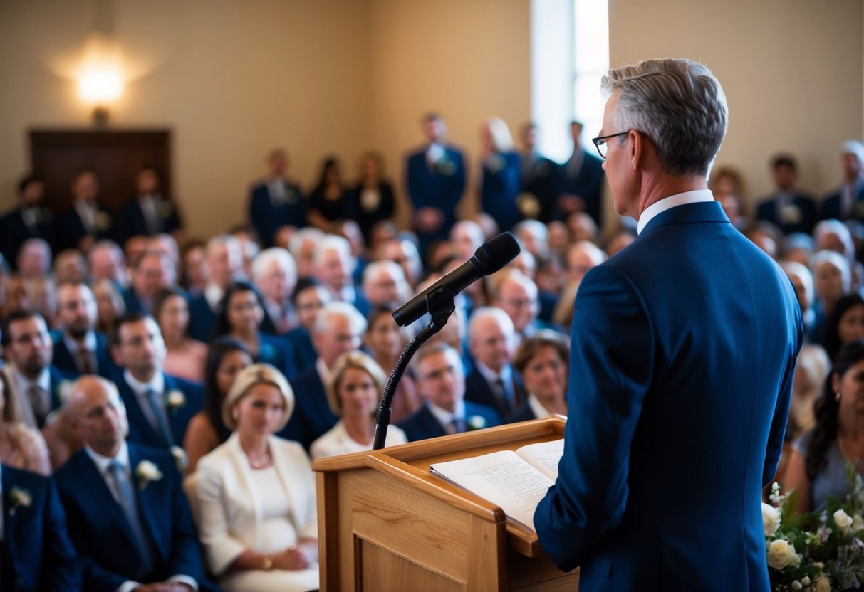 A figure stands at a podium, facing a gathered crowd. The air is hushed as the officiant prepares to speak, setting the tone for the ceremony