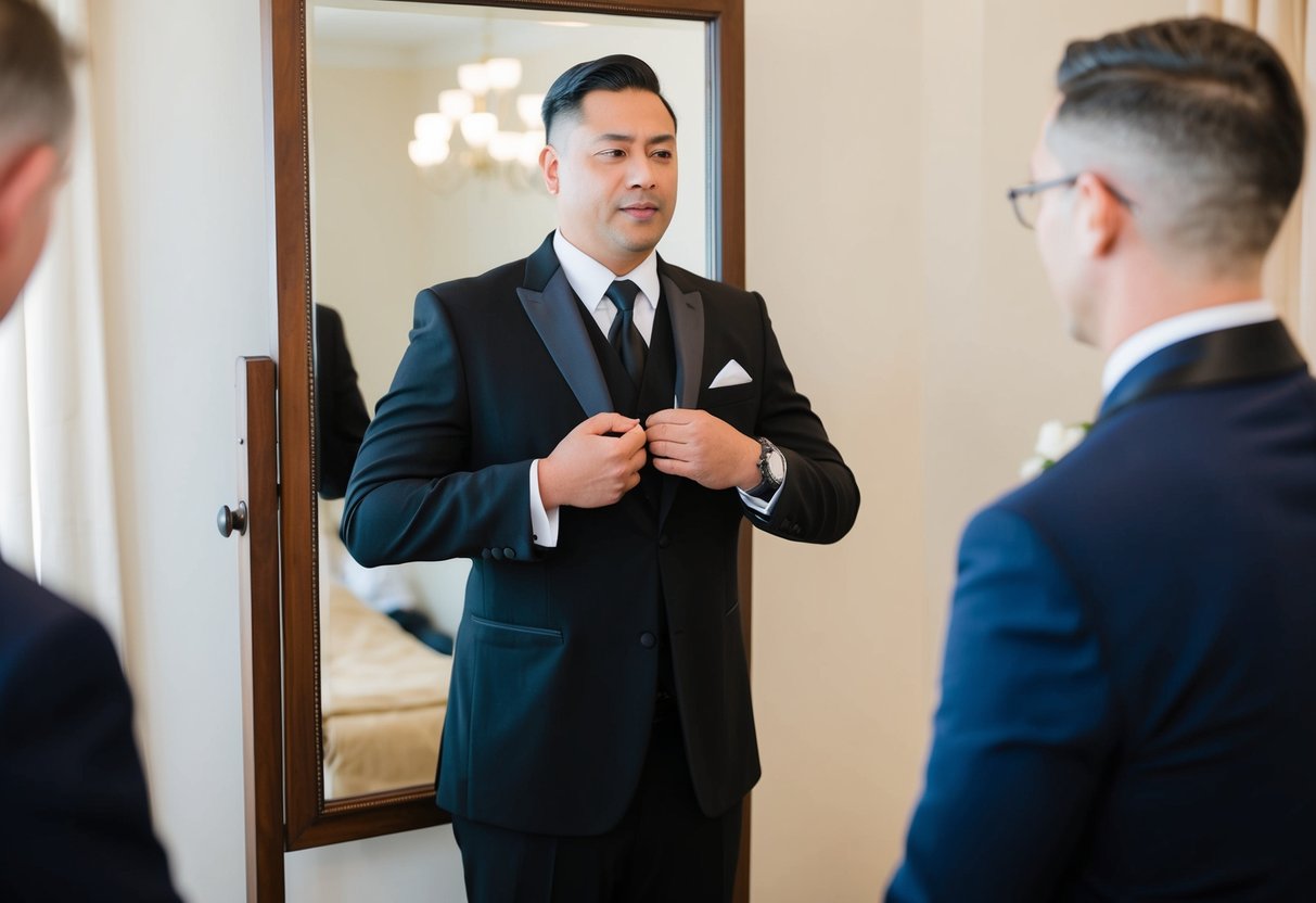 A male officiant stands before a mirror, adjusting his traditional black suit and tie, ensuring everything is impeccable for the ceremony