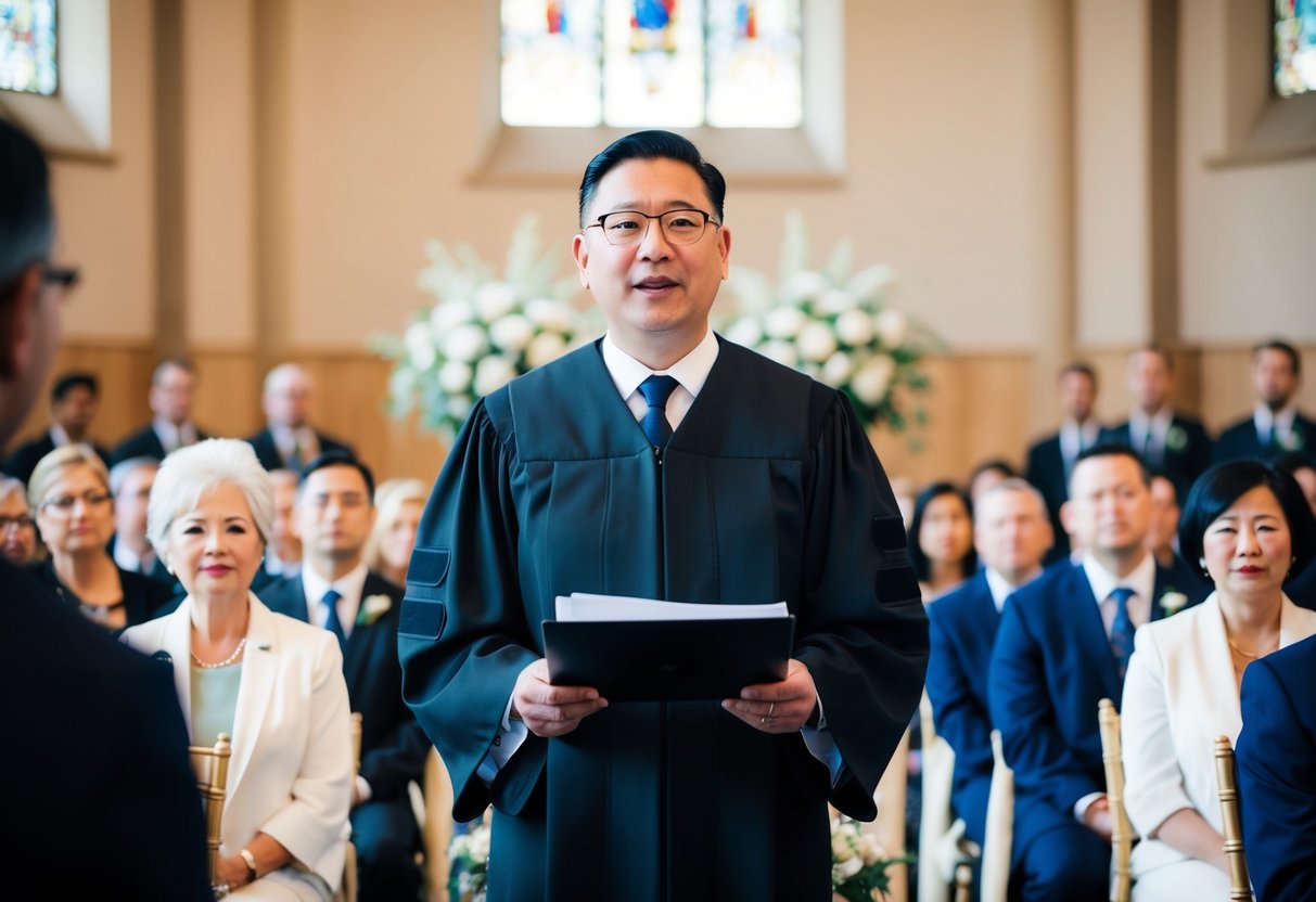 An officiant standing at the front of a ceremony, facing the audience, and preparing to speak