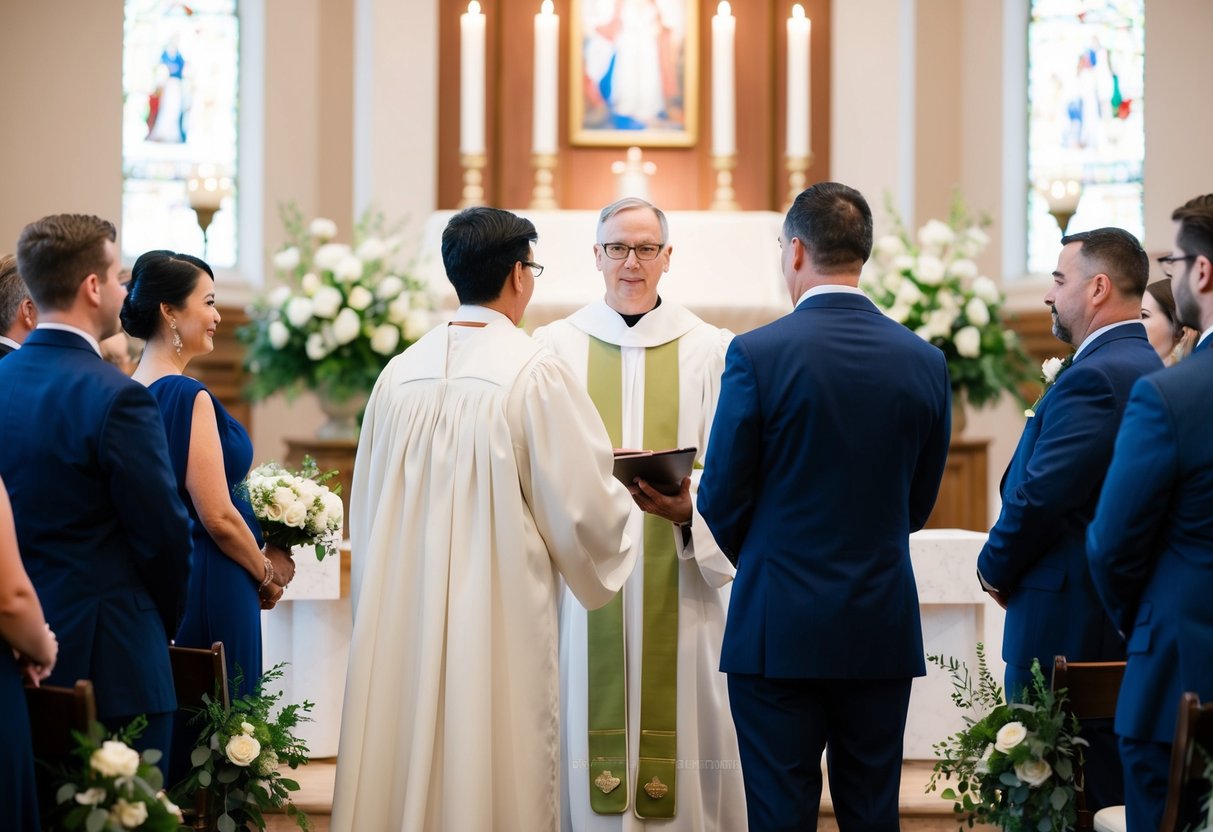An officiant stands at the altar, facing the couple and guests, ready to begin the wedding ceremony