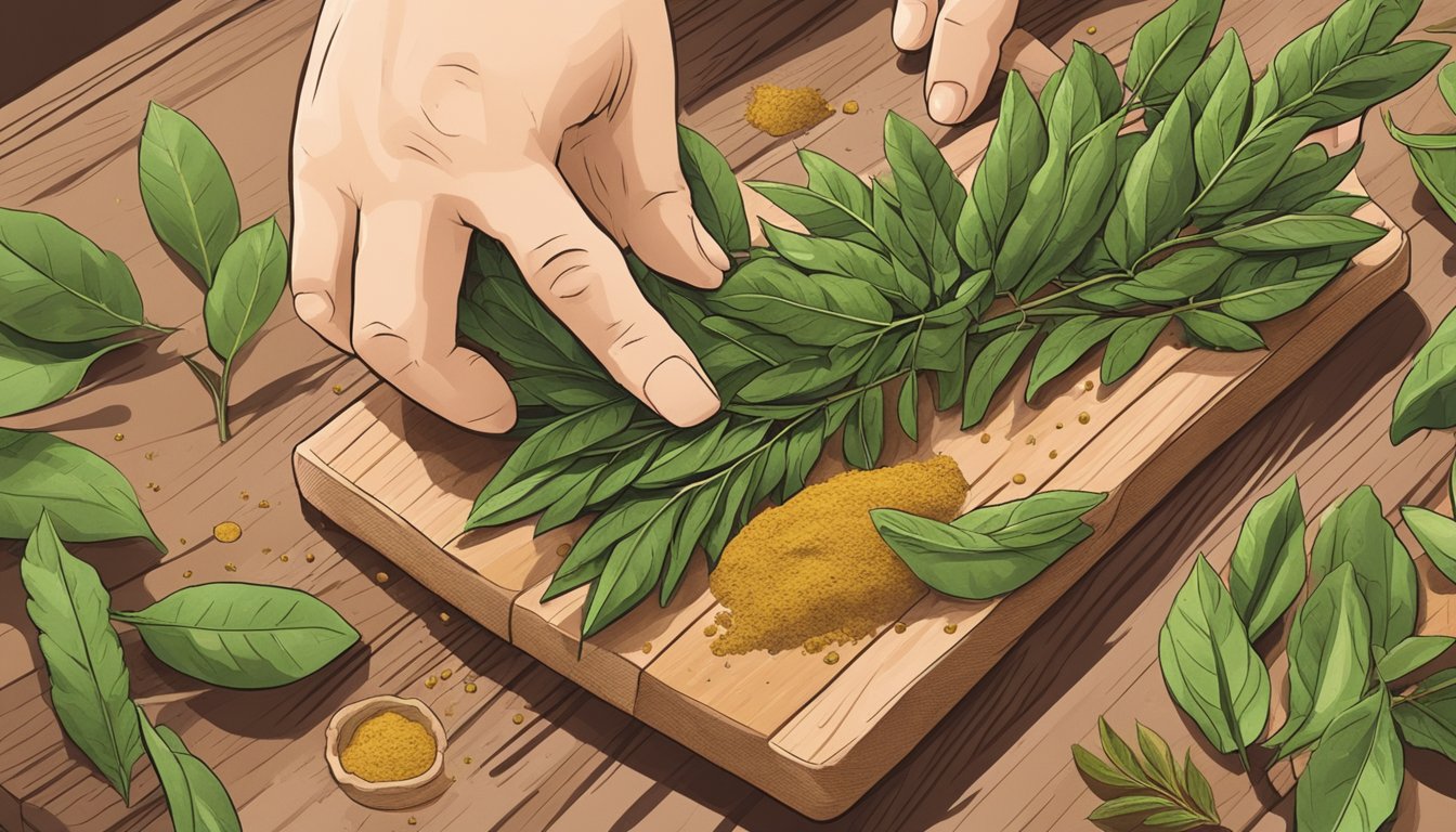 A hand reaching for a fresh bunch of curry leaves, with a few scattered on a wooden cutting board, surrounded by various herbs and spices