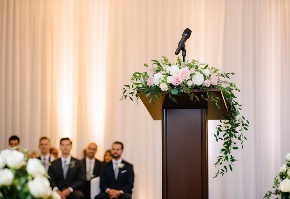 A podium adorned with flowers and a microphone stands ready in the softly lit ceremony space