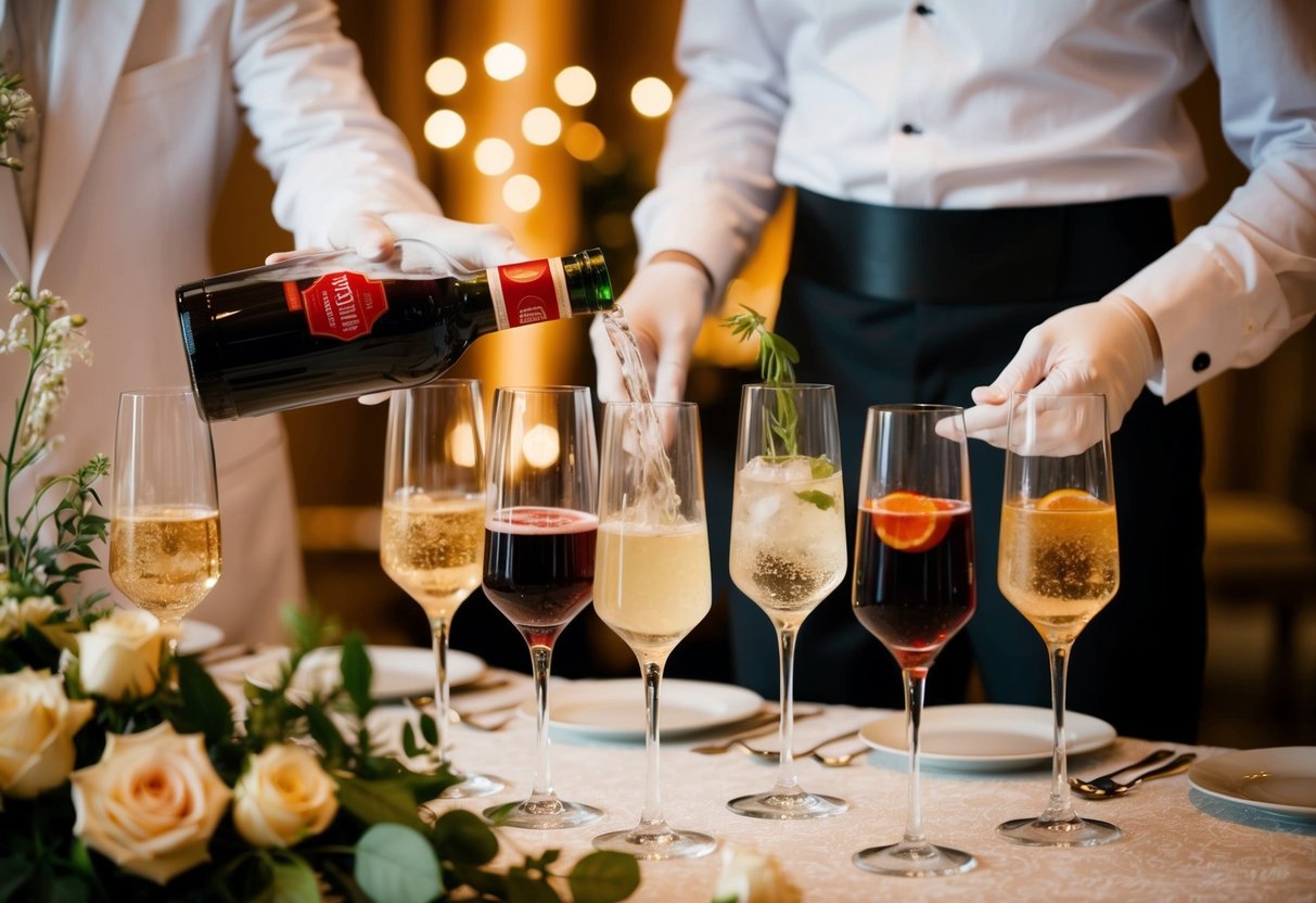 A server pours welcome drinks into elegant glasses on a decorated table