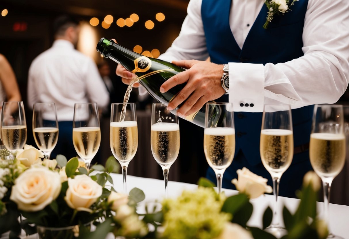 A bartender pouring champagne into elegant glasses at a wedding reception
