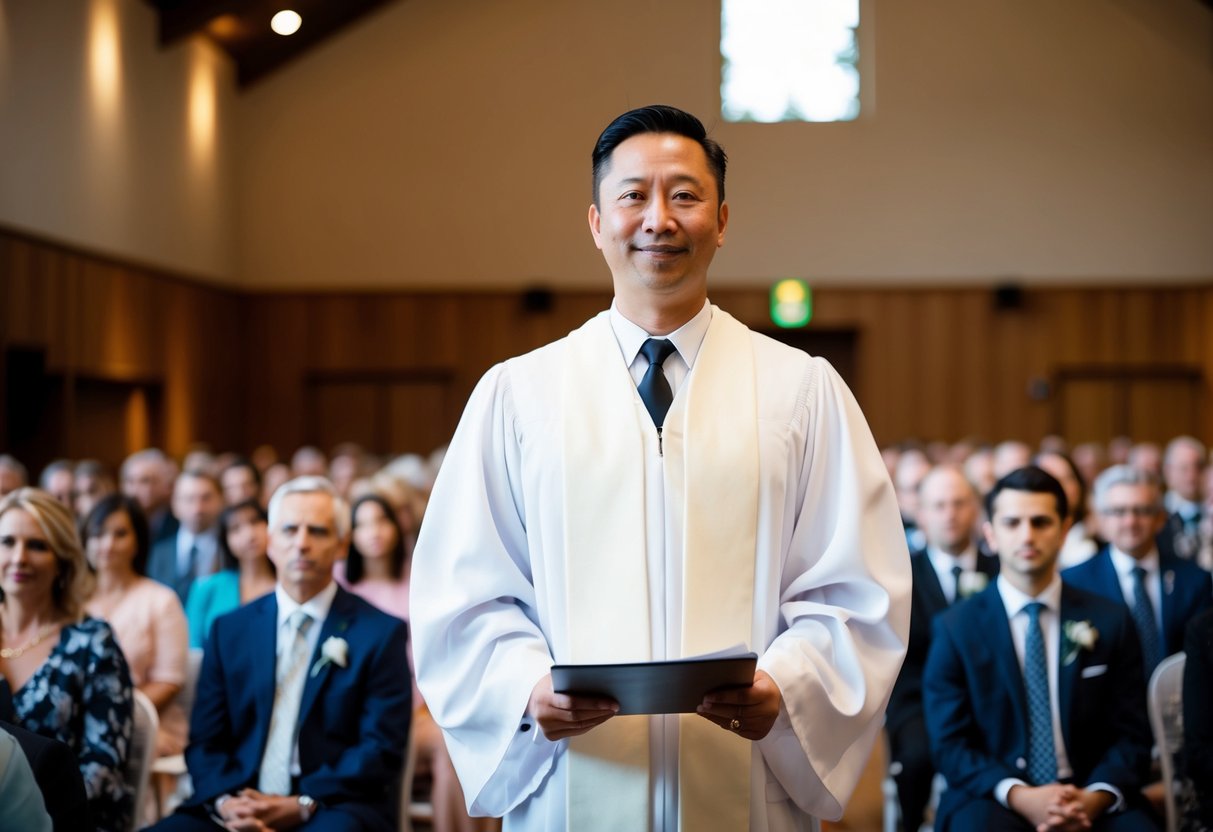 An officiant stands at the front of a gathering, facing the audience with a confident and welcoming demeanor, ready to begin a ceremony