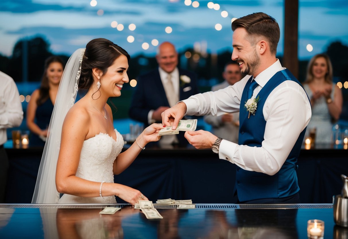 A bride and groom exchanging money with a bartender at a wedding reception