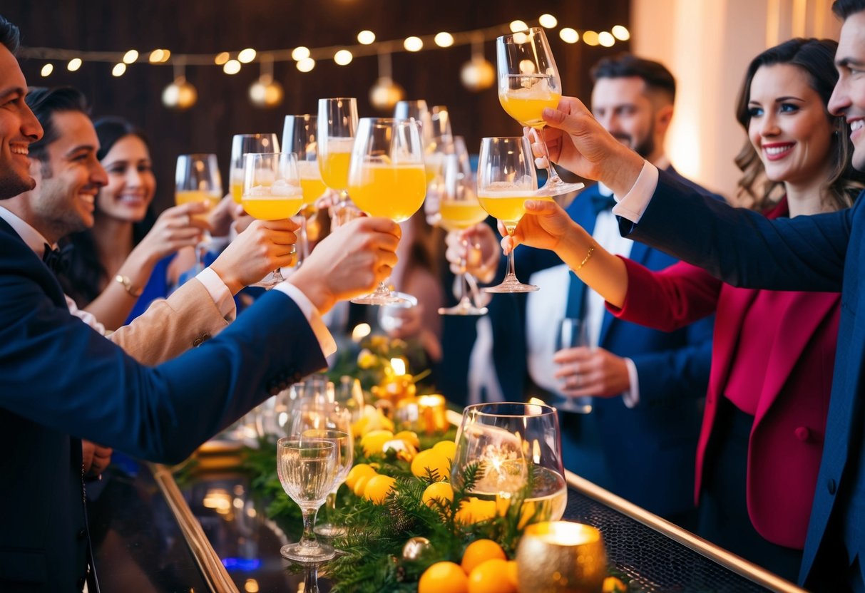 Guests raising glasses in a festive atmosphere, with a bartender serving drinks from a beautifully decorated bar