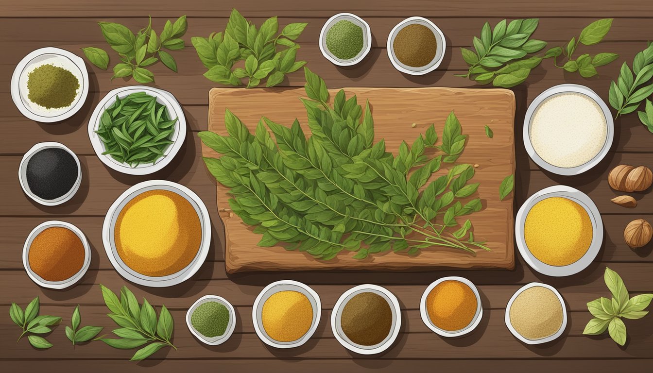 A variety of curry leaves and alternative substitutes arranged on a rustic wooden table, surrounded by ingredients from different global cuisines