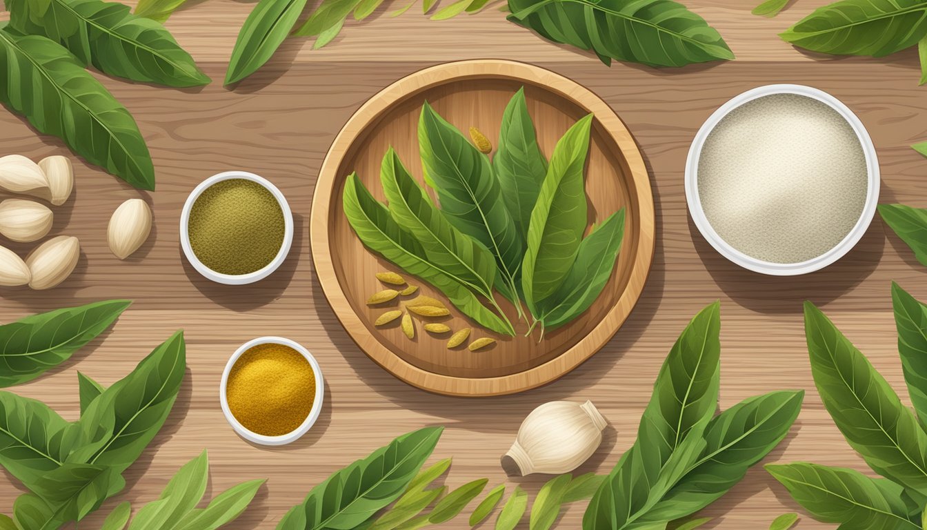 A collection of fresh curry leaves, dried curry leaves, and curry powder arranged on a wooden cutting board