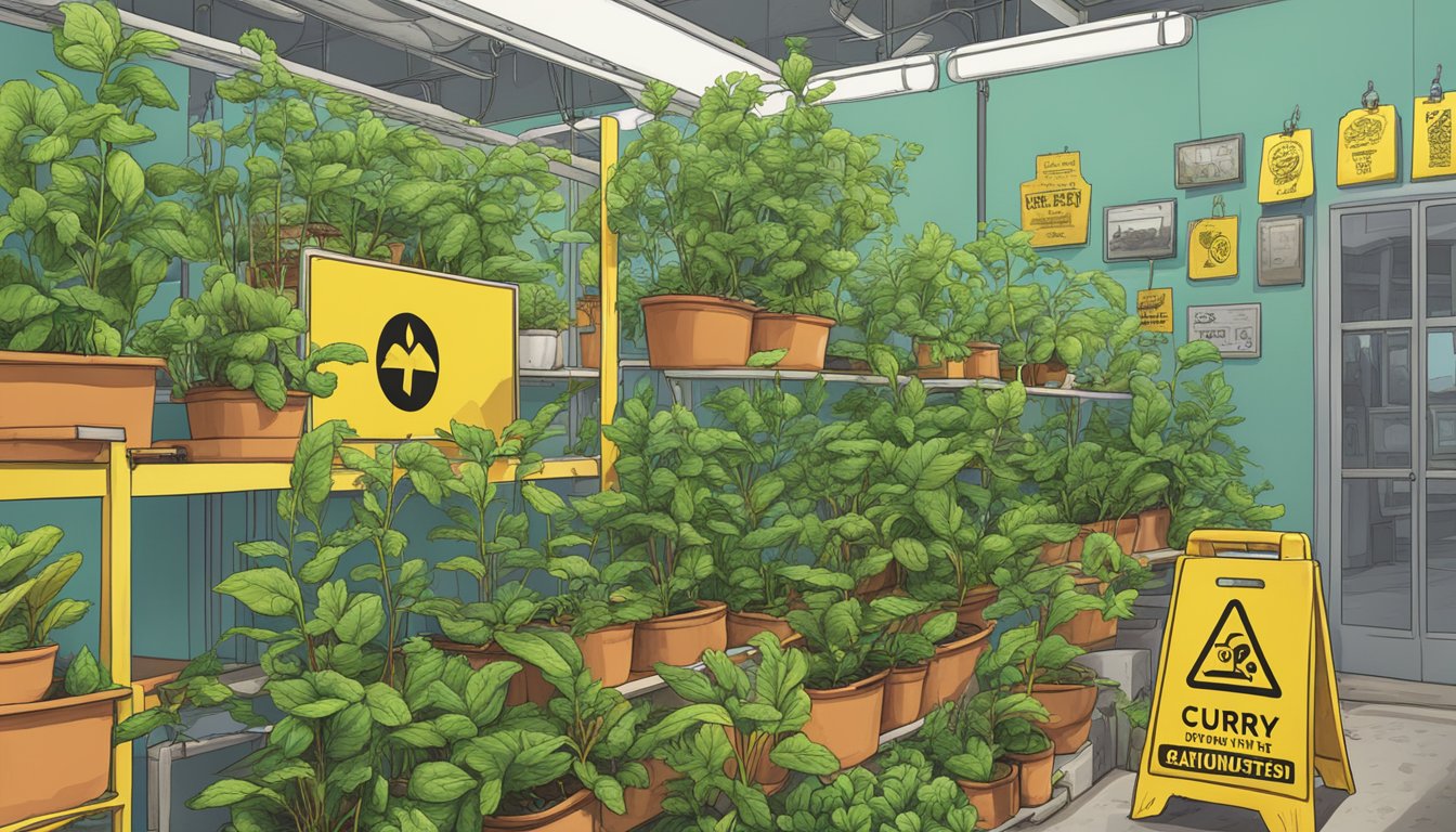 A vibrant curry plant surrounded by caution signs and alternative substitutes