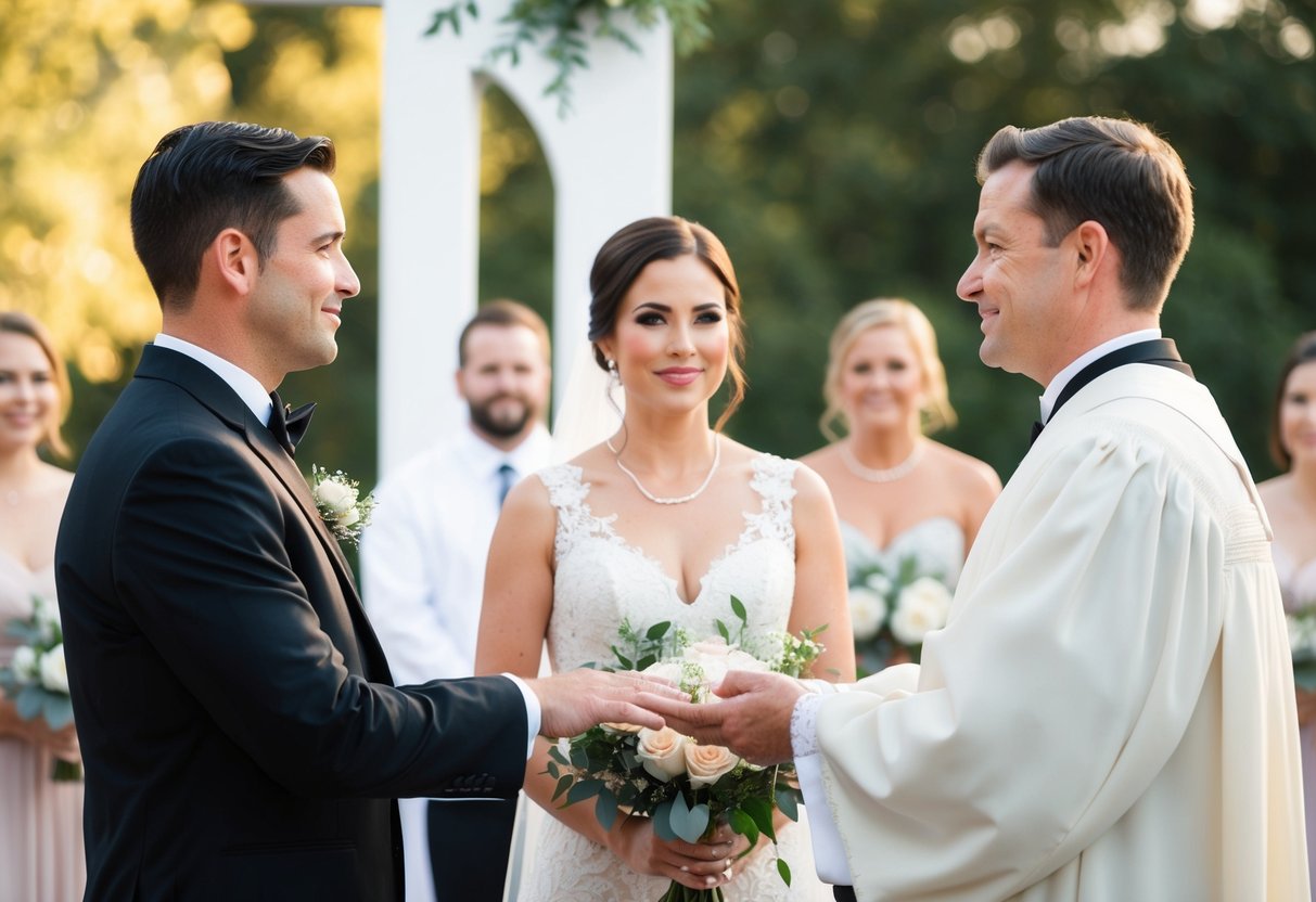 An officiant stands before a bride and groom, a gesture of giving away is implied