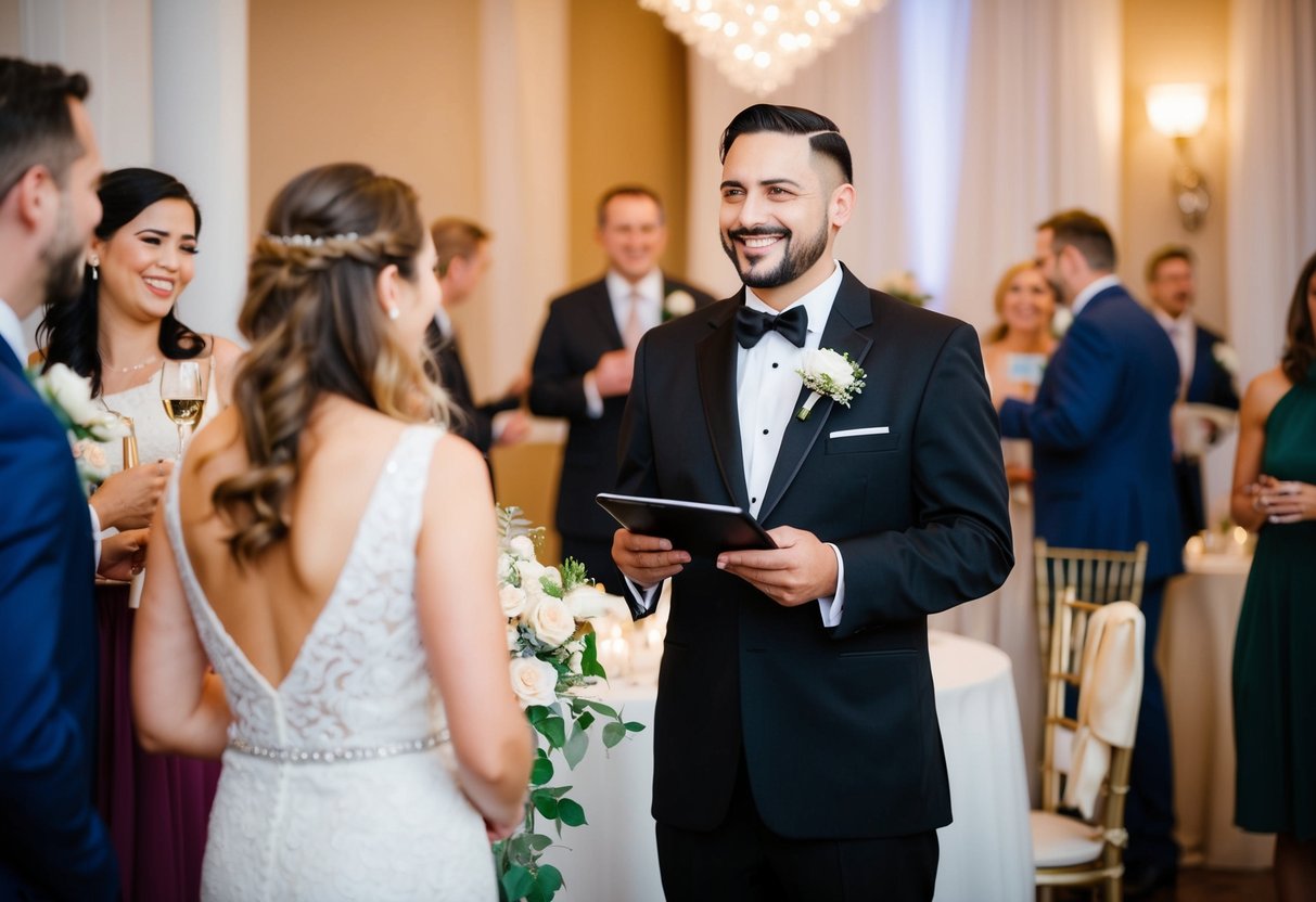The officiant stays for the reception, standing at the front of the room with a smile as guests mingle and celebrate