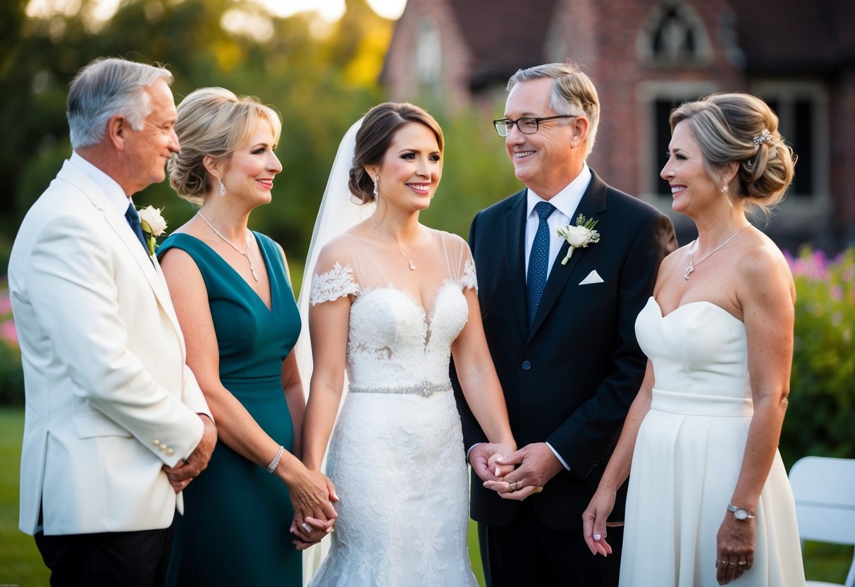 A bride stands between her parents, the officiant in front, as they prepare to give her away