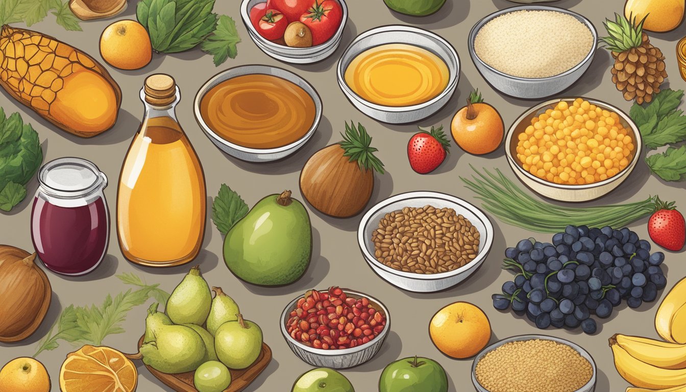 A variety of fruits, vegetables, and grains arranged on a table, with a selection of date substitutes such as honey, agave nectar, and maple syrup displayed alongside