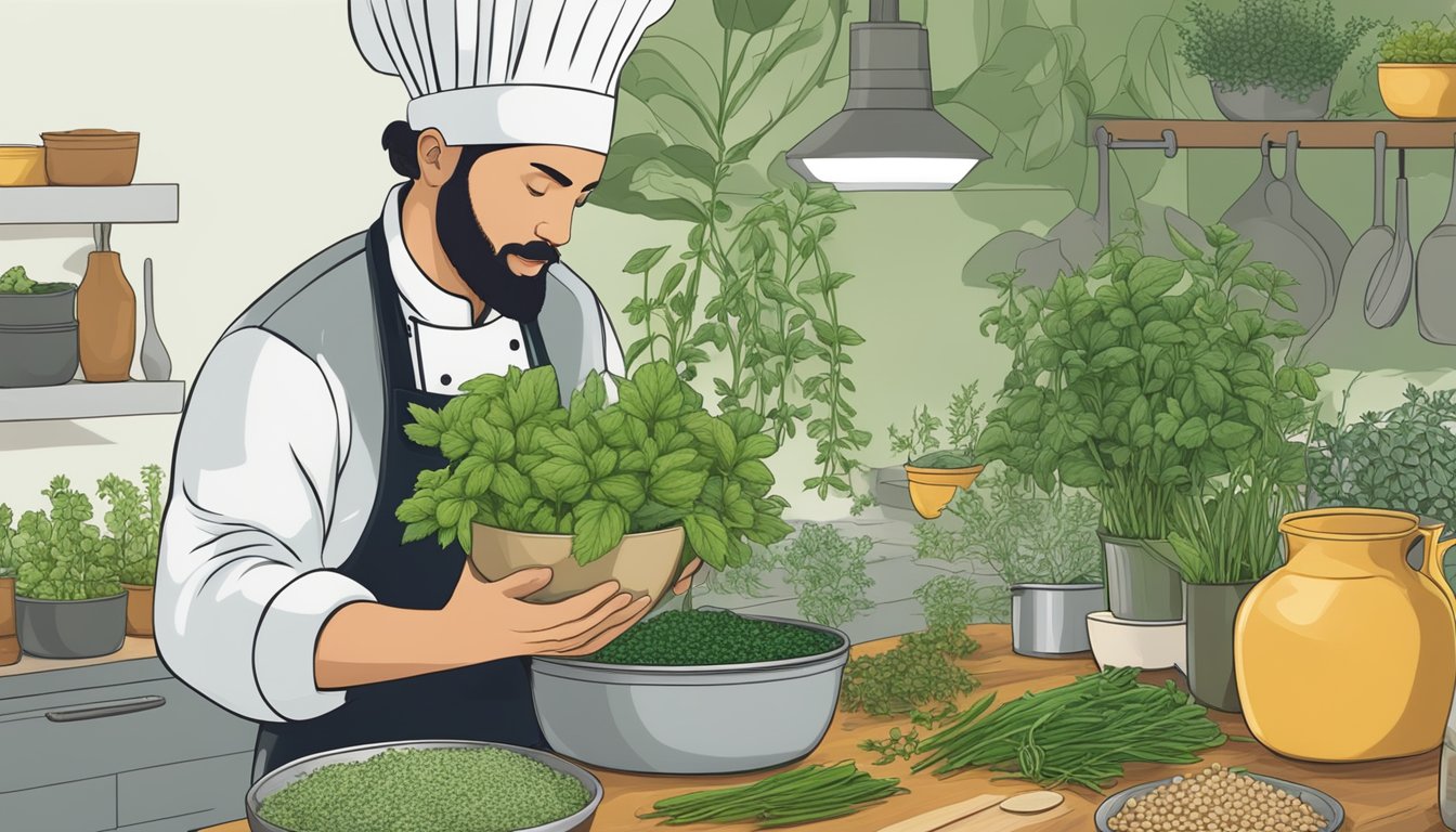 A chef holding a bunch of fresh herbs, with a curry plant in the foreground and various culinary herbs in the background