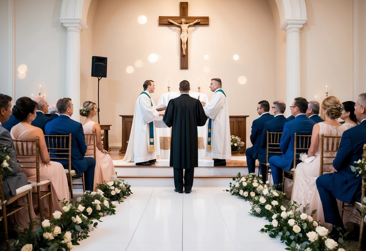 The officiant stands at the altar, facing the bride and groom. The bride's family is seated on one side, while the groom's family is seated on the other