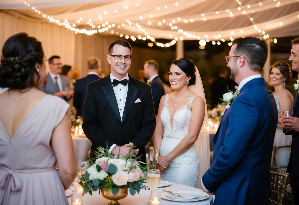 The officiant stands near the newlyweds, smiling as guests mingle at the reception. Tables are adorned with floral centerpieces and twinkling lights