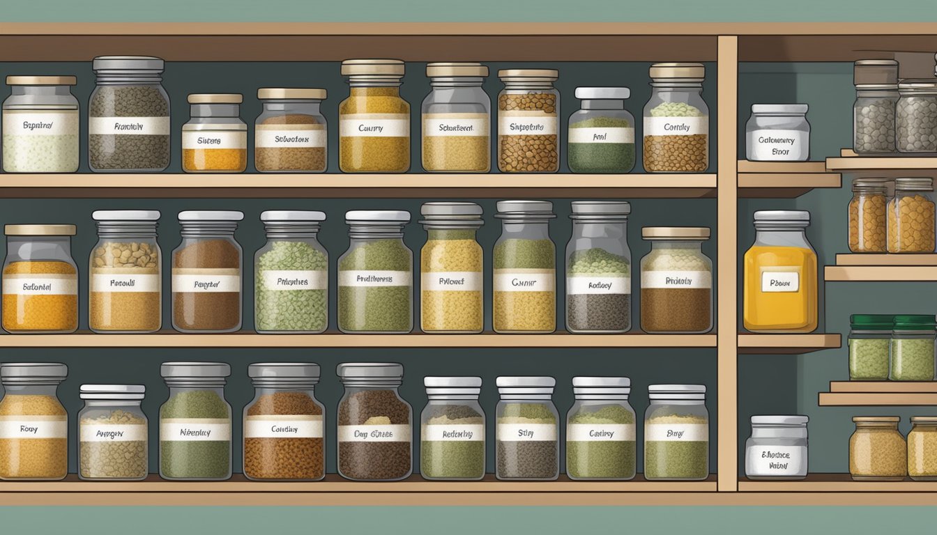 A pantry shelf with labeled jars of dried herbs and spices, including curry plant substitutes in a neat row