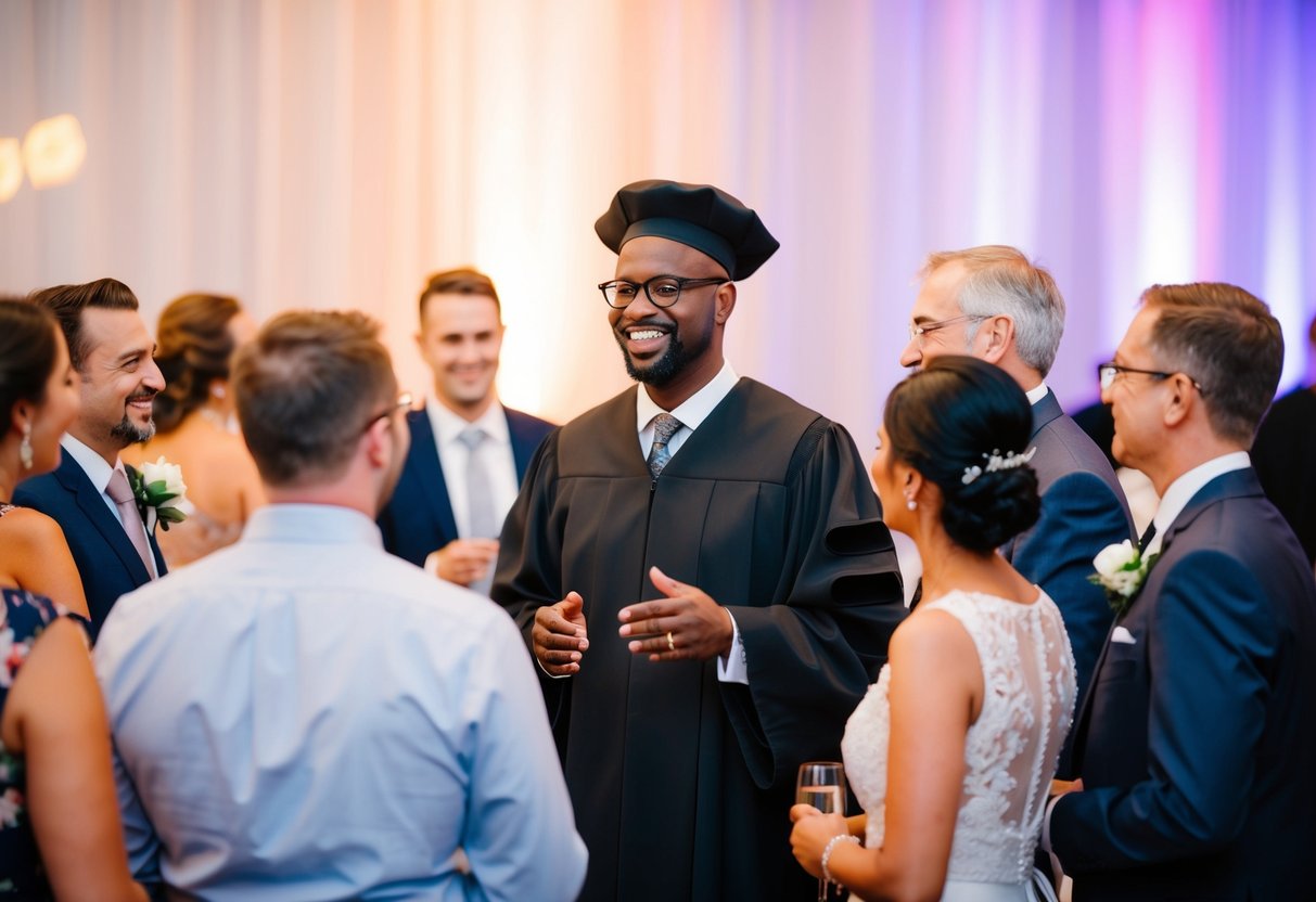 The officiant stands at the reception, chatting with guests and enjoying the celebration